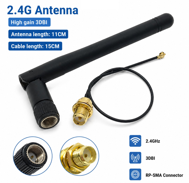 Антенна Wi-Fi 2.4 ГГц 3dBi RP-SMA с кабелем для кораблика прикормки и эхота (1629) 1629 фото